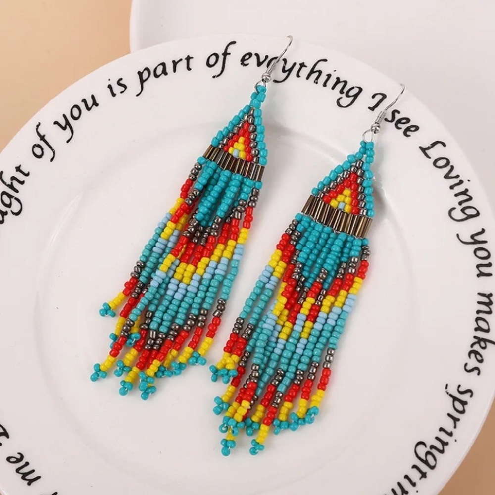 NEW Boho Beaded Fringe Earrings Festival Dangle Statement Jewelry - Picture 2 of 6